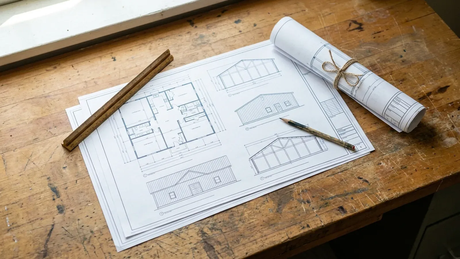 Overhead view of architectural floor plan and structural elevation drawings spread on a workbench with a scale ruler and pencil.